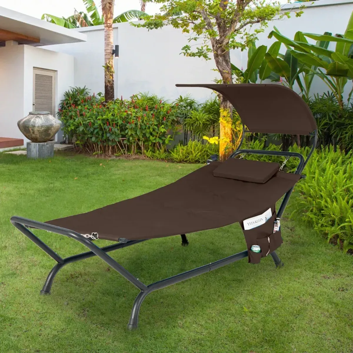 Patio Hanging Chaise Lounge Chair with Canopy Cushion Pillow and Storage Bag