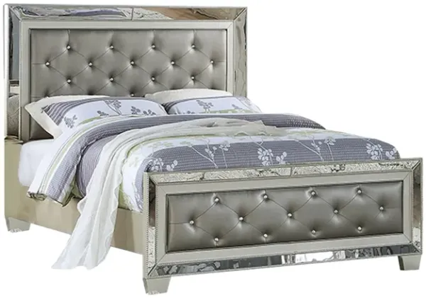 Reva California King Bed with Mirror Inlay, Upholstered Gray Faux Leather - Benzara