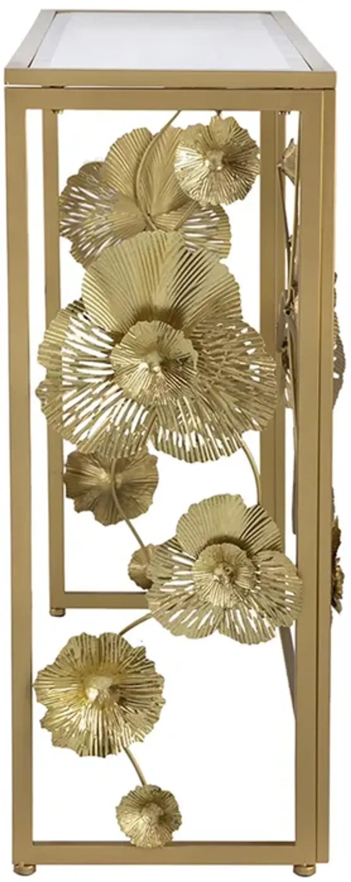 39 Inch Mirrored Top Console Table, Elegant Floral Design, Iron, Matte Gold-Benzara