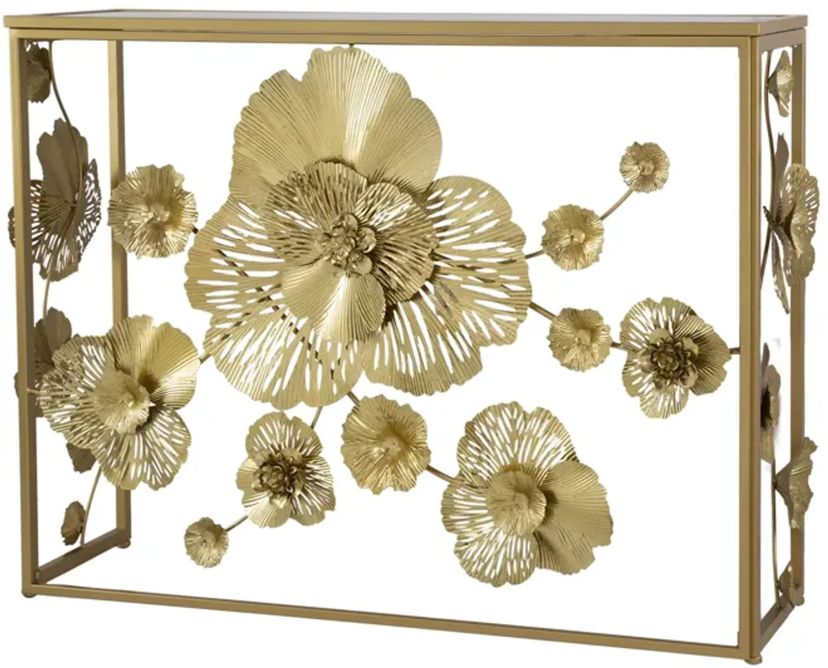 39 Inch Mirrored Top Console Table, Elegant Floral Design, Iron, Matte Gold-Benzara