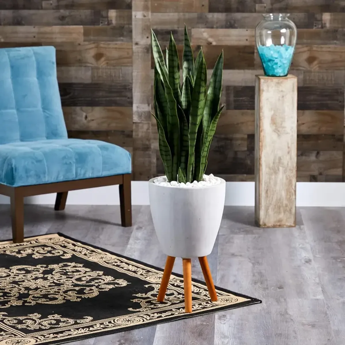 Hivvago 4" Sansevieria Artificial Plant in White Planter with Stand