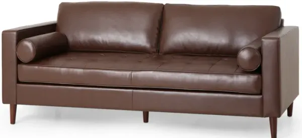 Ayla Sofa, 2 Bolster Pillows, Plush Tufted Dark Brown Faux Leather