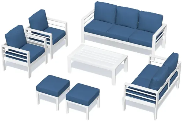 Mondawe 7-Piece Aluminium Garden Furniture Set, 9 Seater Modern Outdoor Patio with Coffee Table Conversational Corner Sofa Loveseat White with Cushions