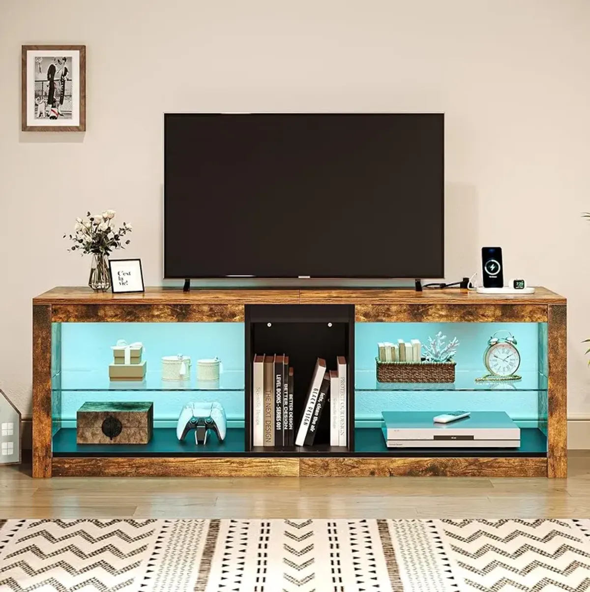 LED TV Stand w/Power Outlets for TVs up to 55/60 inch, Rustic Brown