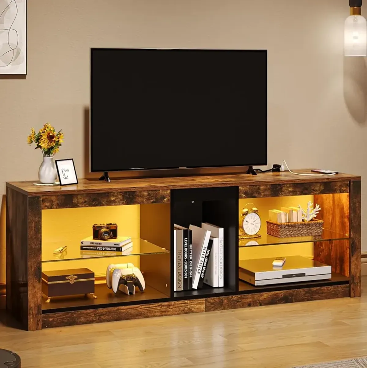 LED TV Stand w/Power Outlets for TVs up to 55/60 inch, Rustic Brown