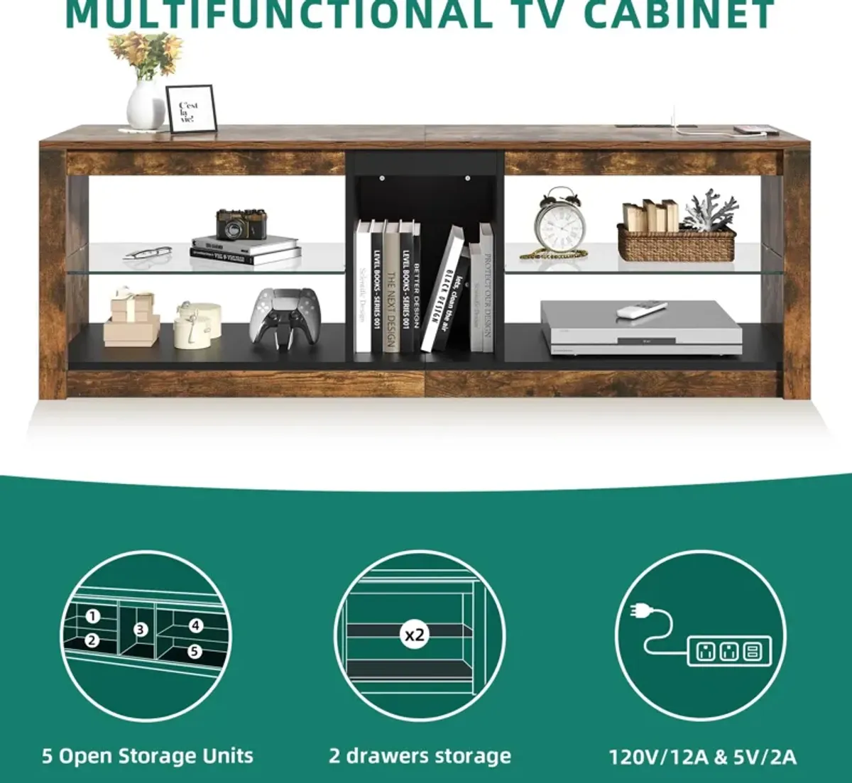 LED TV Stand w/Power Outlets for TVs up to 55/60 inch, Rustic Brown