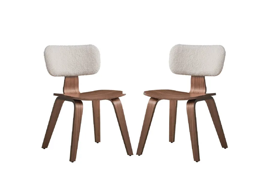 Aon 22 Inch Side Dining Chair Set of 2, Curved, White Boucle, Walnut Brown - Benzara