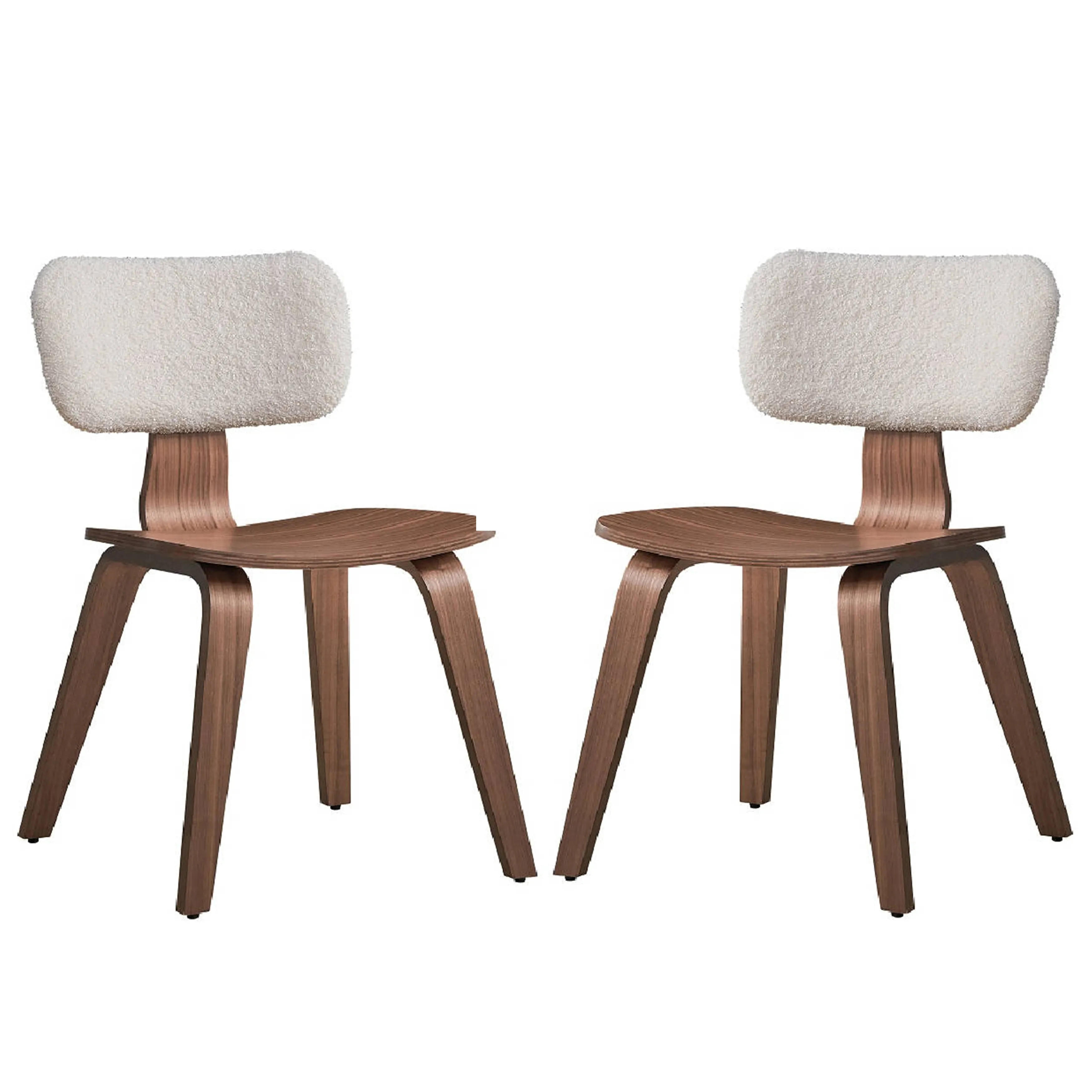 Aon 22 Inch Side Dining Chair Set of 2, Curved, White Boucle, Walnut Brown - Benzara