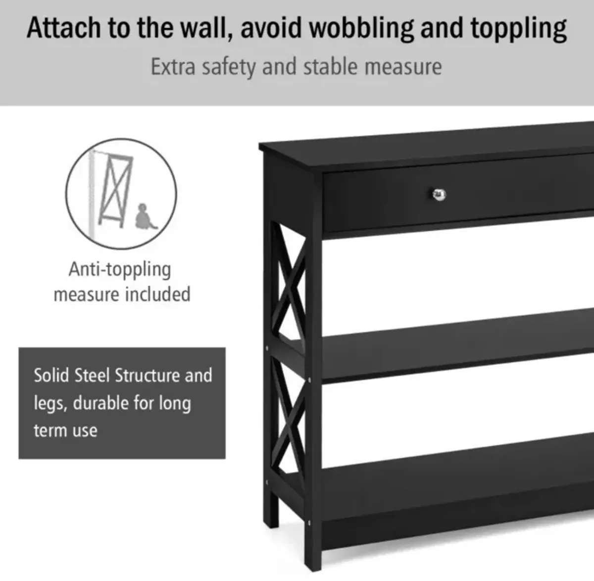 Hivvago 3-Tier Console Table with Drawers for Living Room Entryway