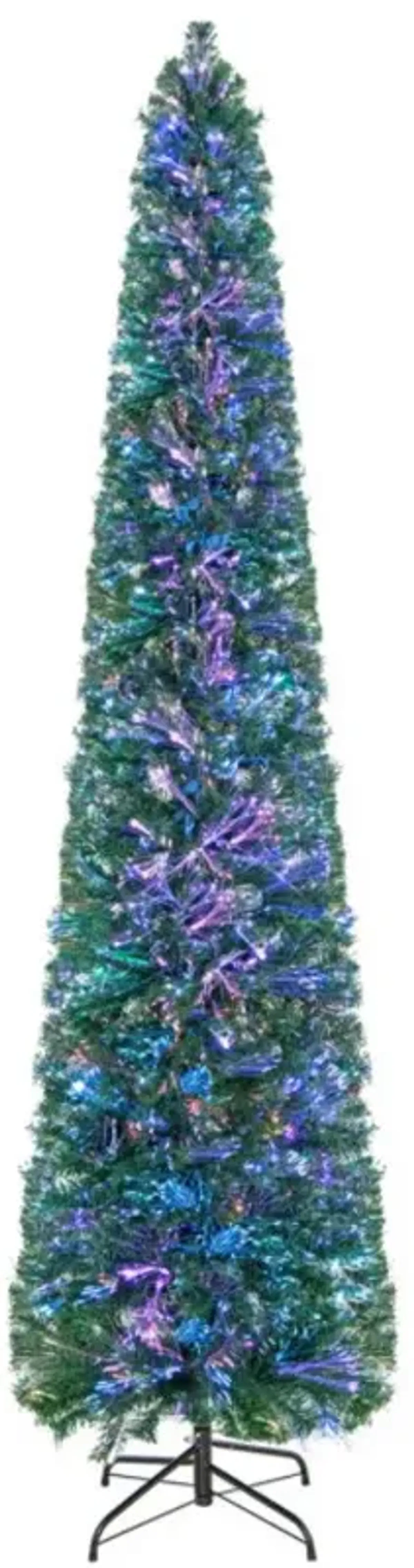 Pre-Lit Christmas Pencil Tree with Colorful Fiber Optics Green