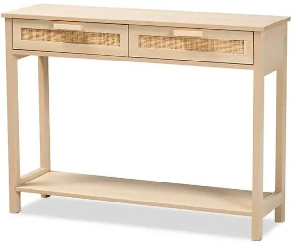 Light Brown Finished Wood 2-Drawer Console Table with Natural Rattan