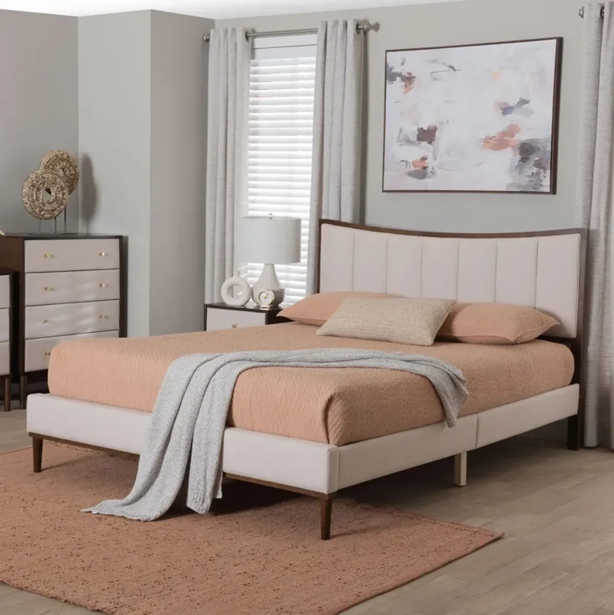 Baxton Studio Nikolai Mid Century Channel Tufted Beige Fabric and Wenge Brown Wood Queen Bed