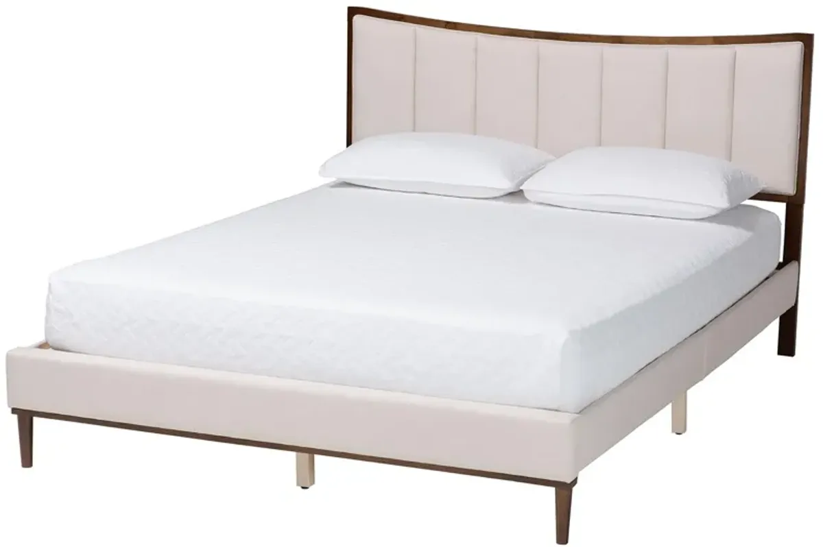 Baxton Studio Nikolai Mid Century Channel Tufted Beige Fabric and Wenge Brown Wood Queen Bed
