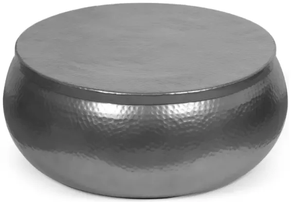 Kim Coffee Table, 29 Inch Round Drum, Low Profile, Nickel Tone Metal - Benzara
