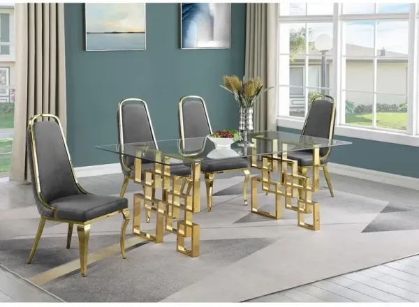5-piece glam dining set with 4 Dark grey chairs and one 79" glass dining table