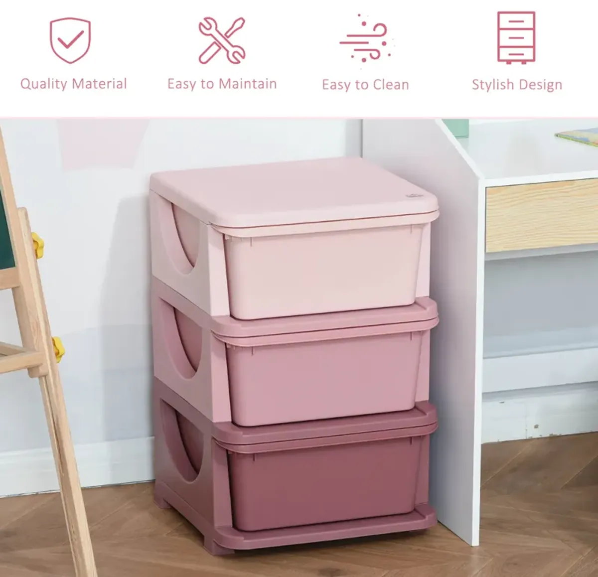 3 Tier Kids Storage Unit Dresser Tower with Drawers Chest Toy Organizer for Bedroom Nursery Kindergarten Living Room for Boys Girls Toddlers, Pink