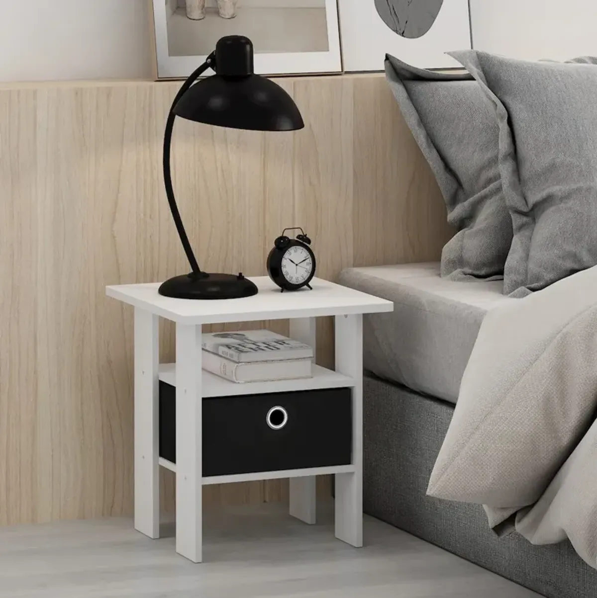 Andrey End Table Nightstand with Bin Drawer, White/Black