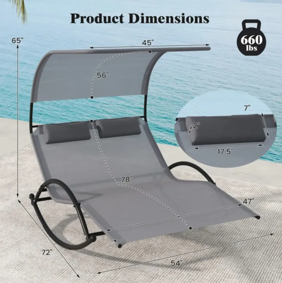 Hivvago Outdoor Dual Rocker Sunbed 2-Person Canopied Patio Lounger with Detachable Headrests