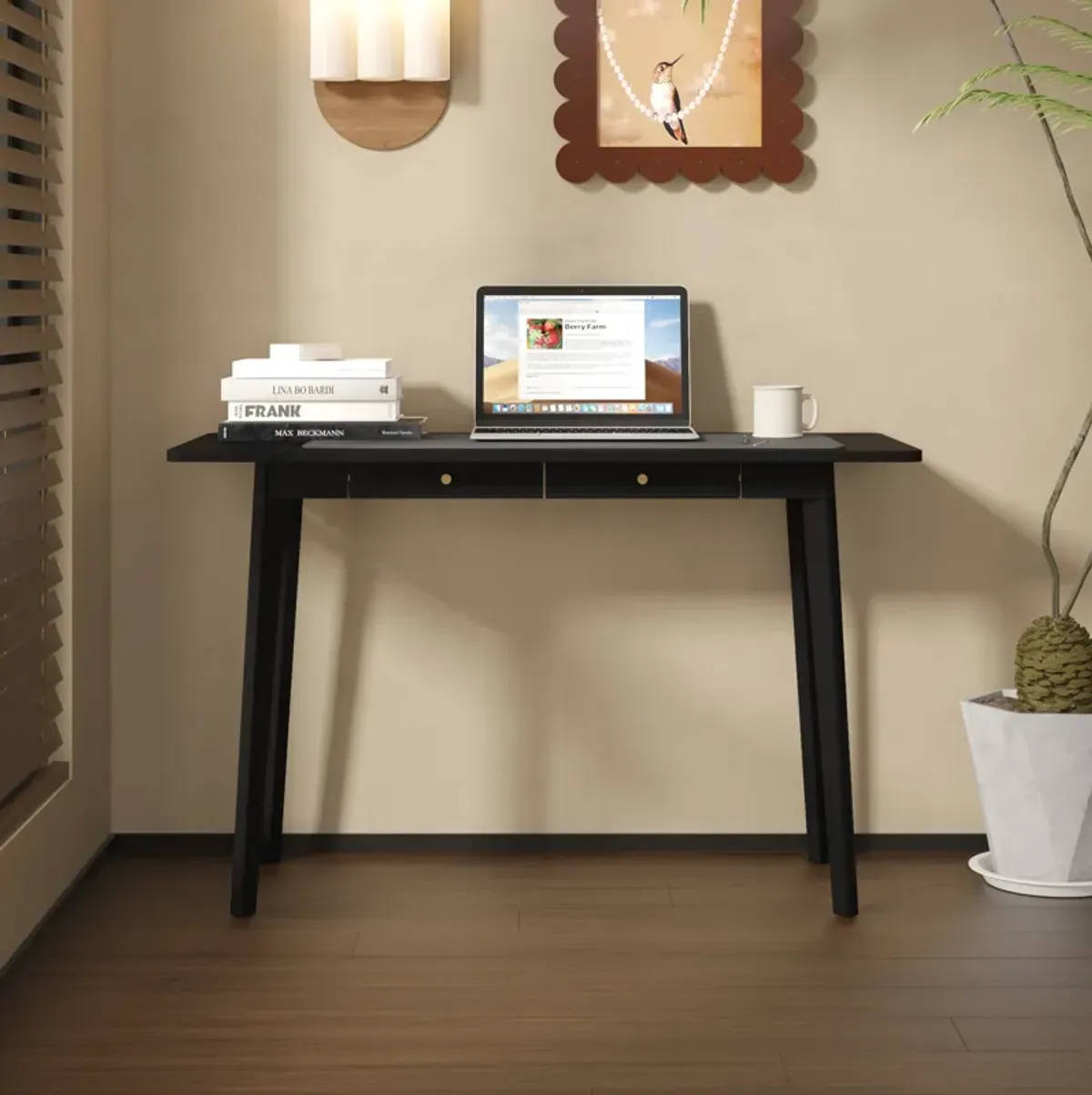 FUFU&GAGA Modern Office Desk with Storage Drawer, Rubberwood Legs and Gold Handles (47.2" W x 21.7" D x 30" H),Black