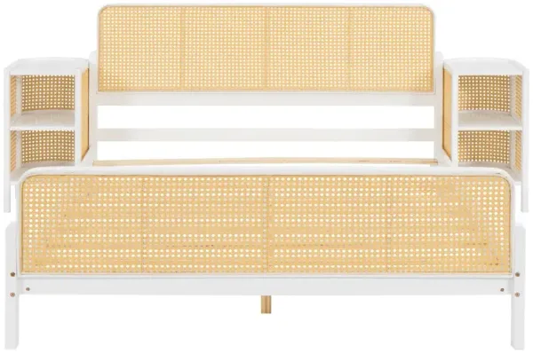 3 Pieces Rattan Platform Full Size Bed With 2 Nightstands, White