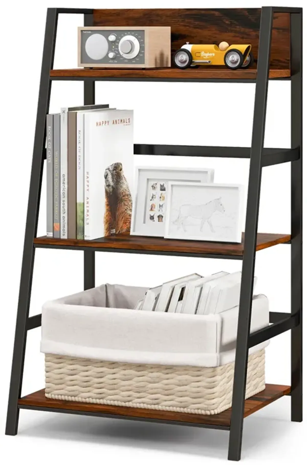 3-Tier Ladder Industrial Bookshelf with Metal Frame