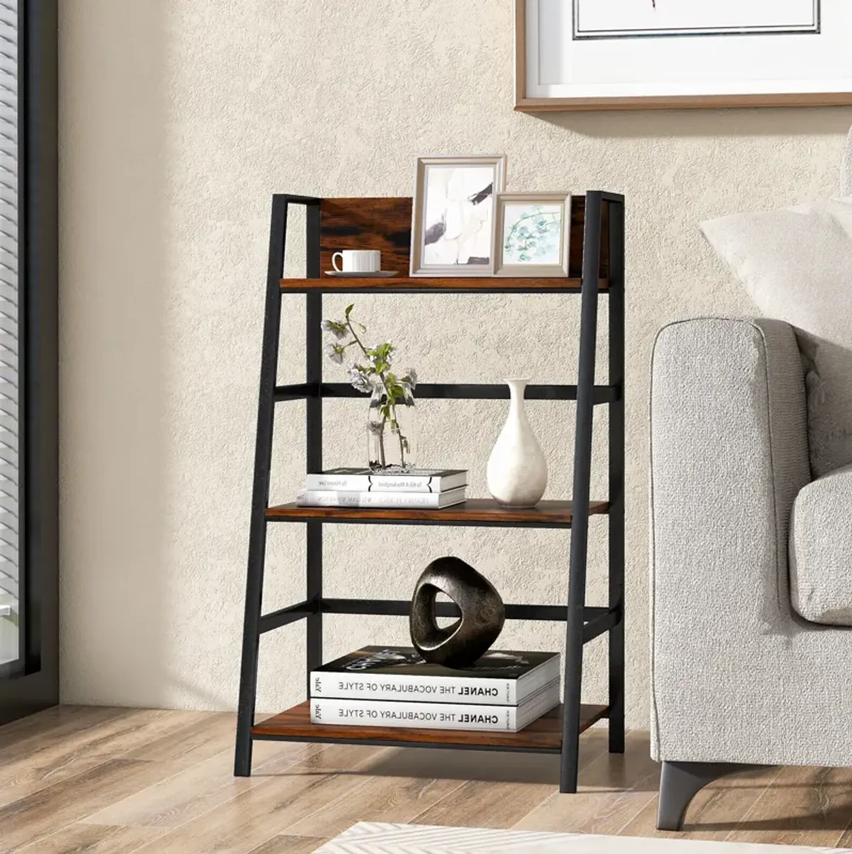 3-Tier Ladder Industrial Bookshelf with Metal Frame