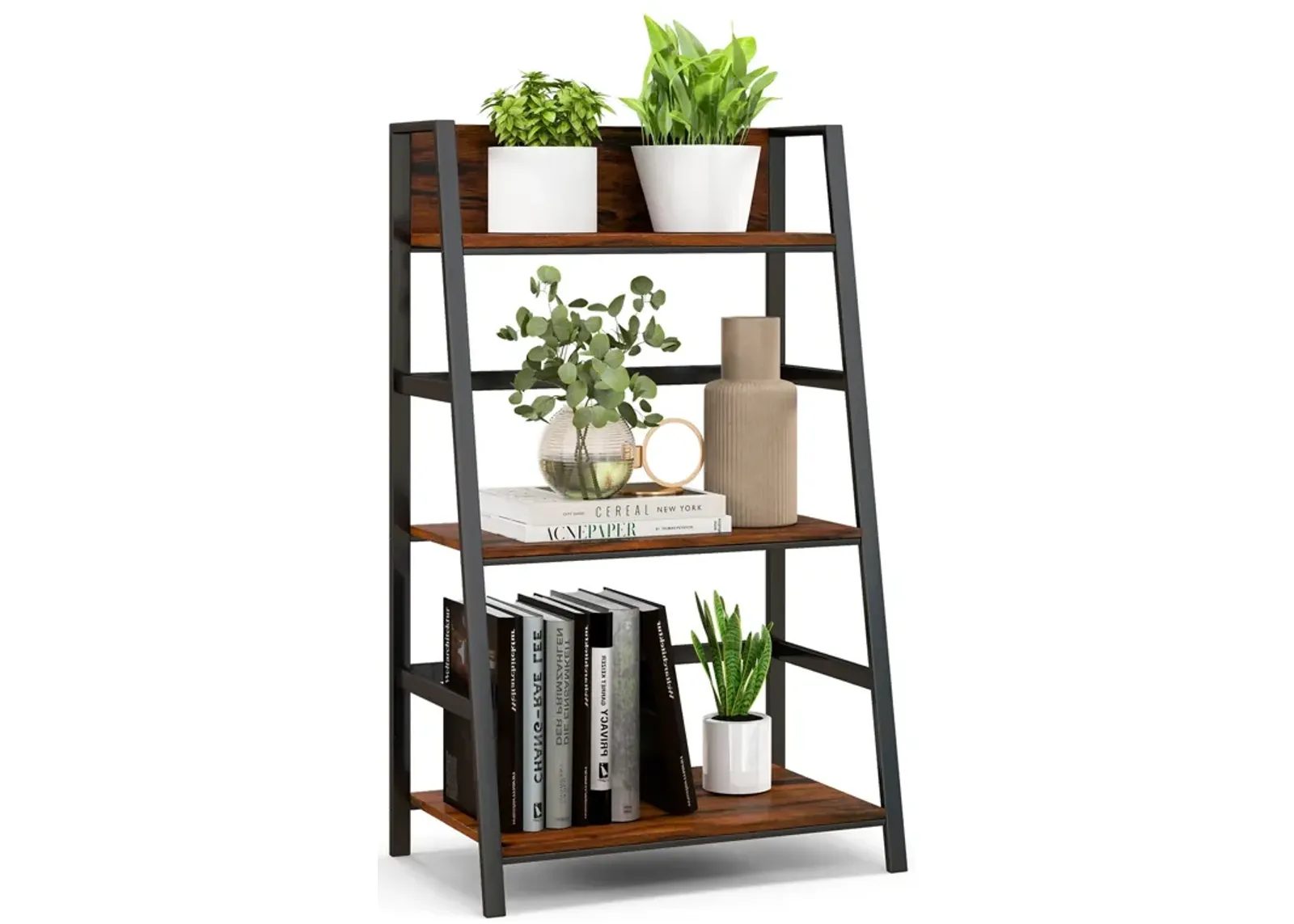 3-Tier Ladder Industrial Bookshelf with Metal Frame