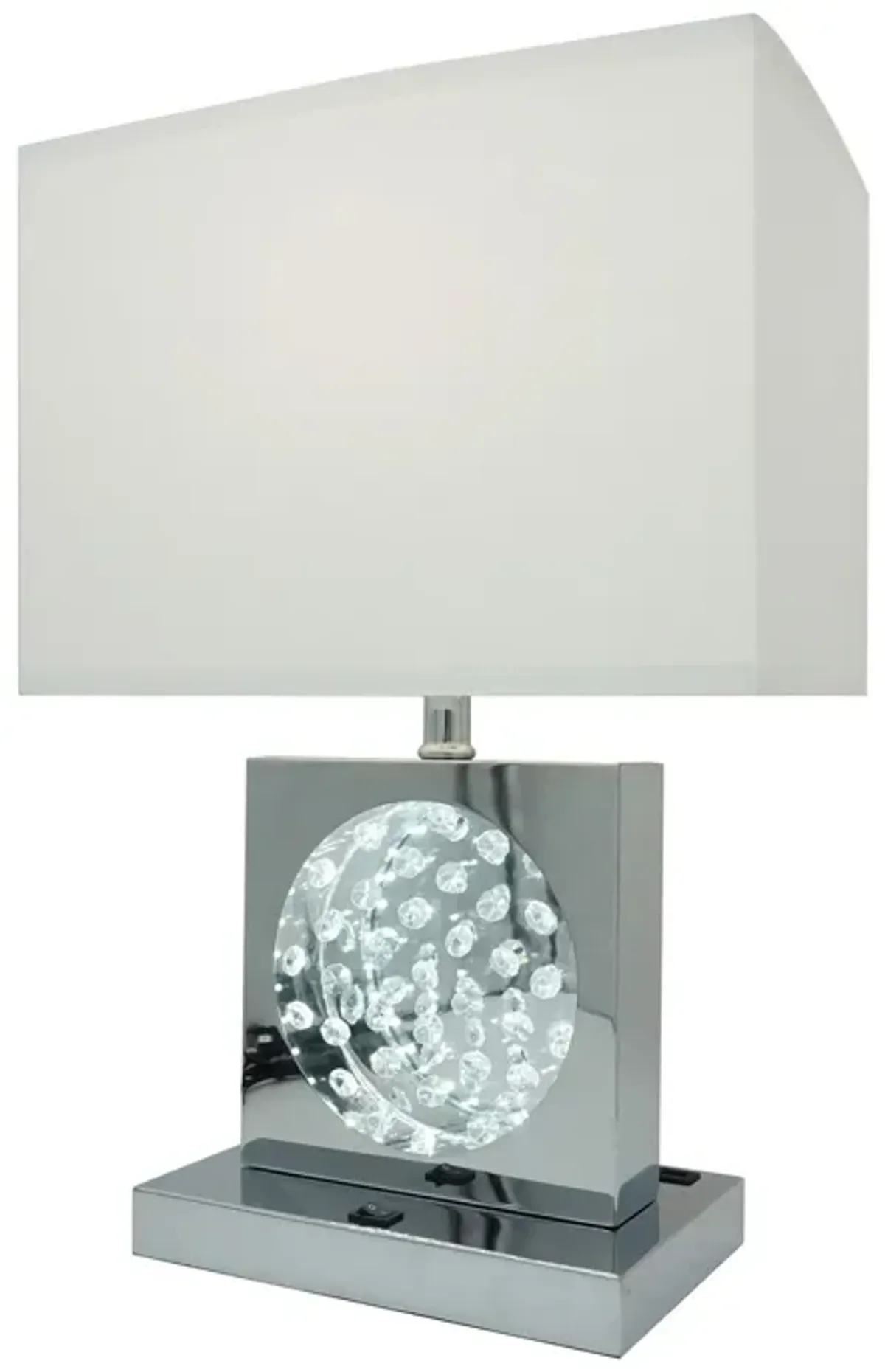 Rohi 22 Inch Table Lamp, White Fabric Shade, Chrome Base, LED Accents-Benzara