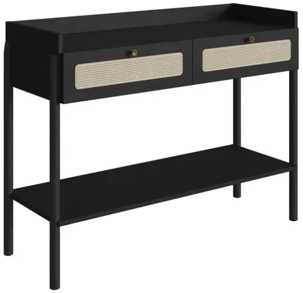Boho Console  Entry Table Wood Legs and Rattan 2-Drawer -Nero Black