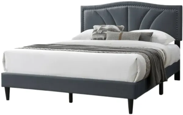 Reo Queen Size Bed, Charcoal Gray Burlap Upholstered Curved Headboard - Benzara