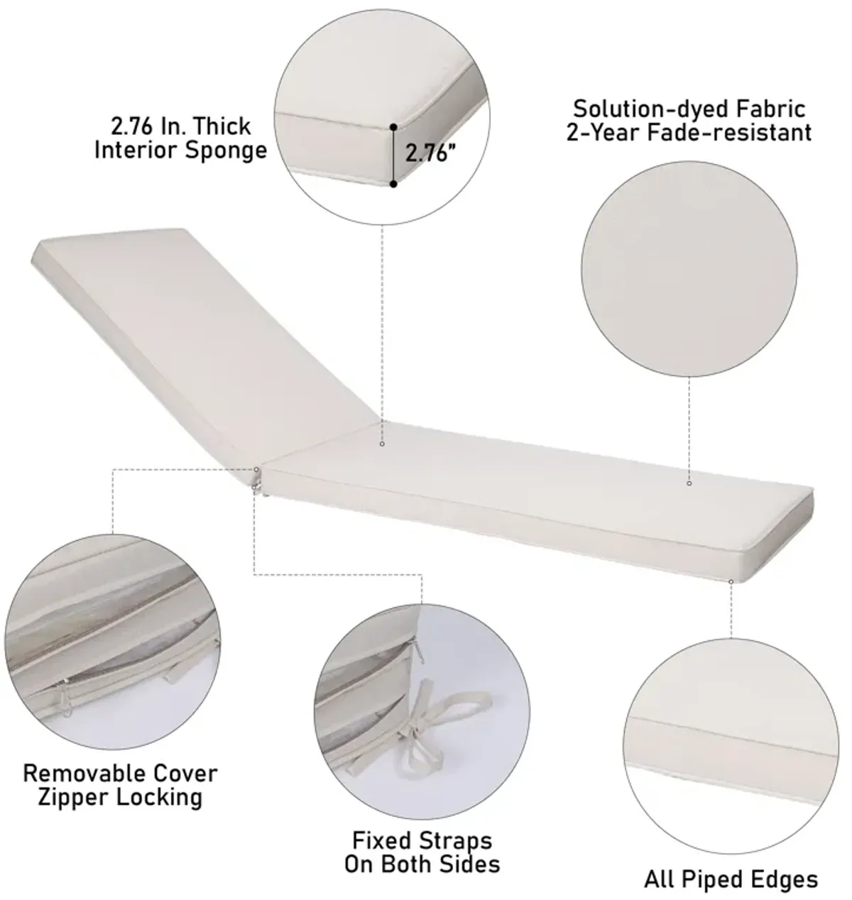 Patio Chaise Lounge Cushion Weather-Resistant Replacement Seat Pad for Outdoor Chairs