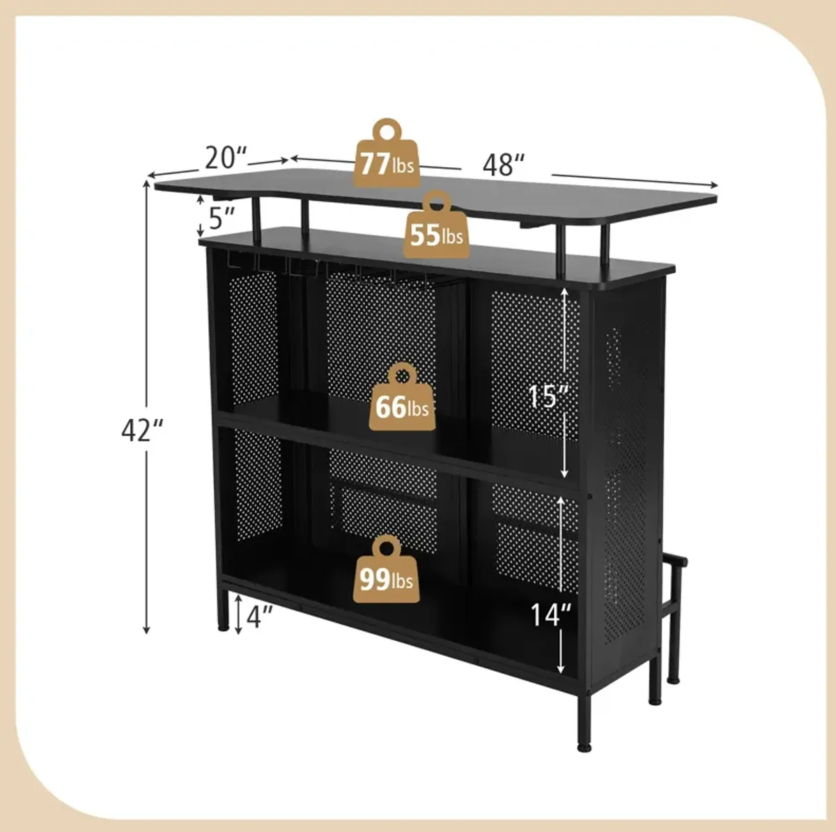 4-Tier Liquor Bar Table with 6 Glass Holders and Metal Footrest-Black