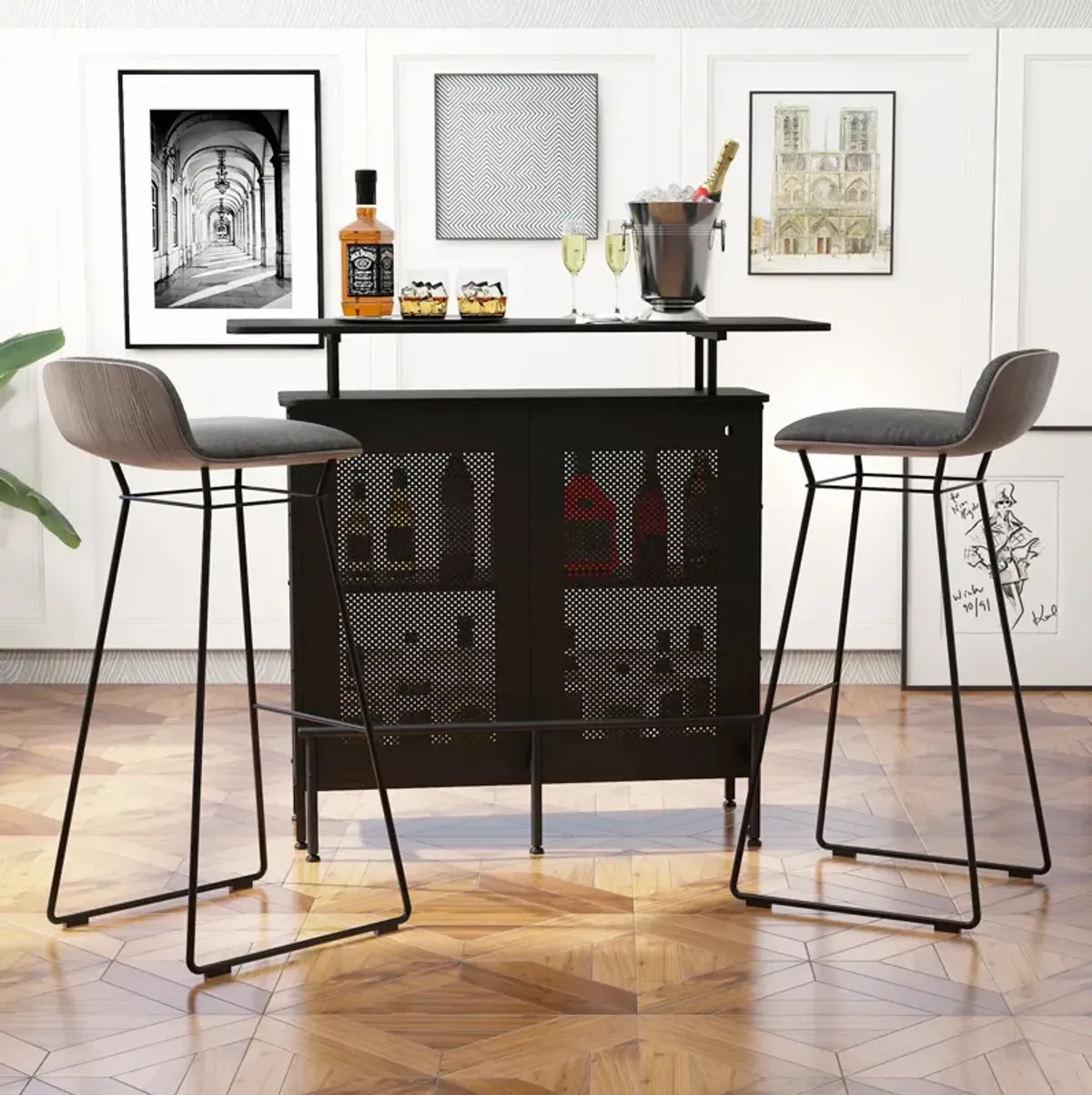 4-Tier Liquor Bar Table with 6 Glass Holders and Metal Footrest-Black