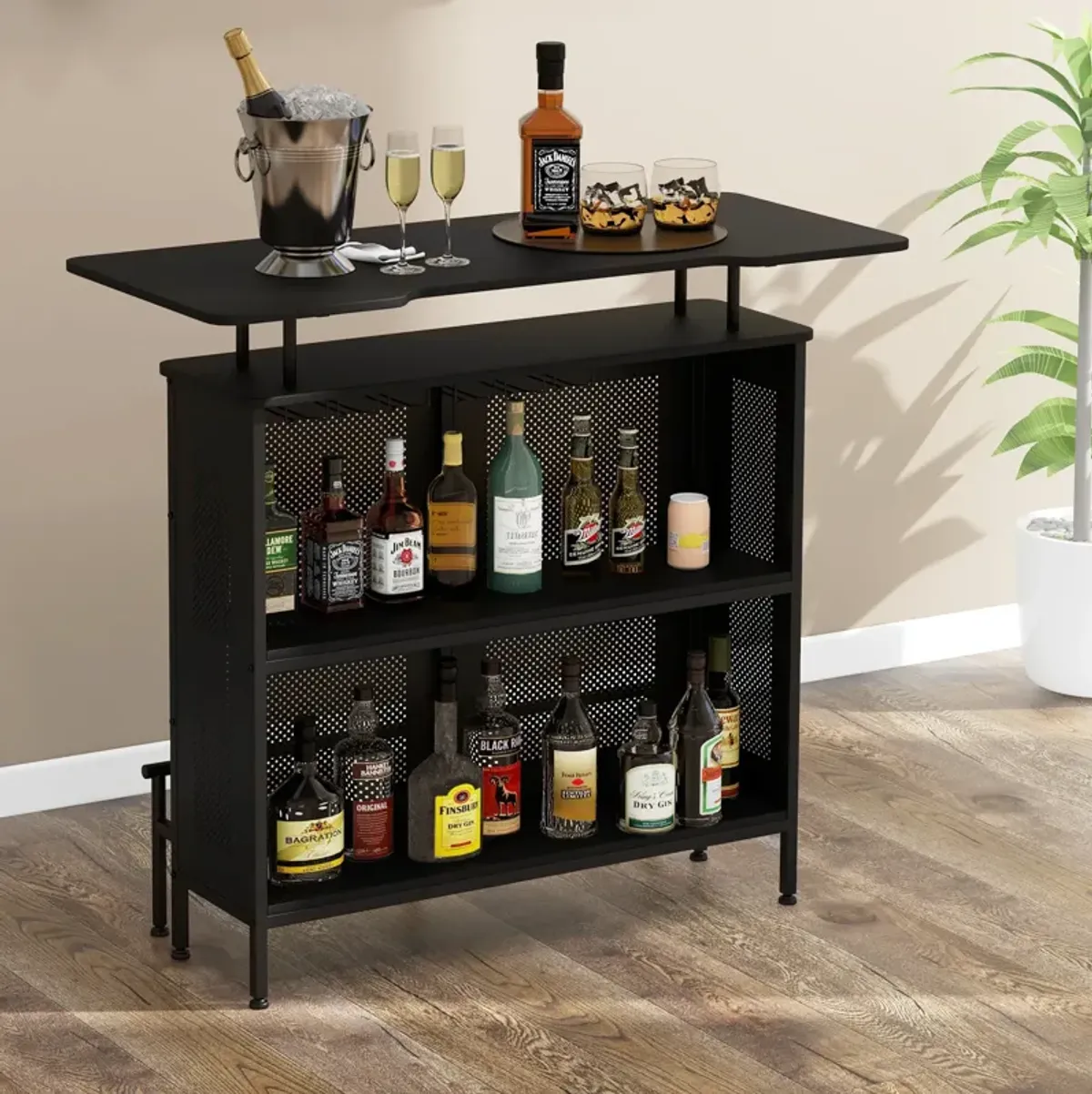 4-Tier Liquor Bar Table with 6 Glass Holders and Metal Footrest-Black