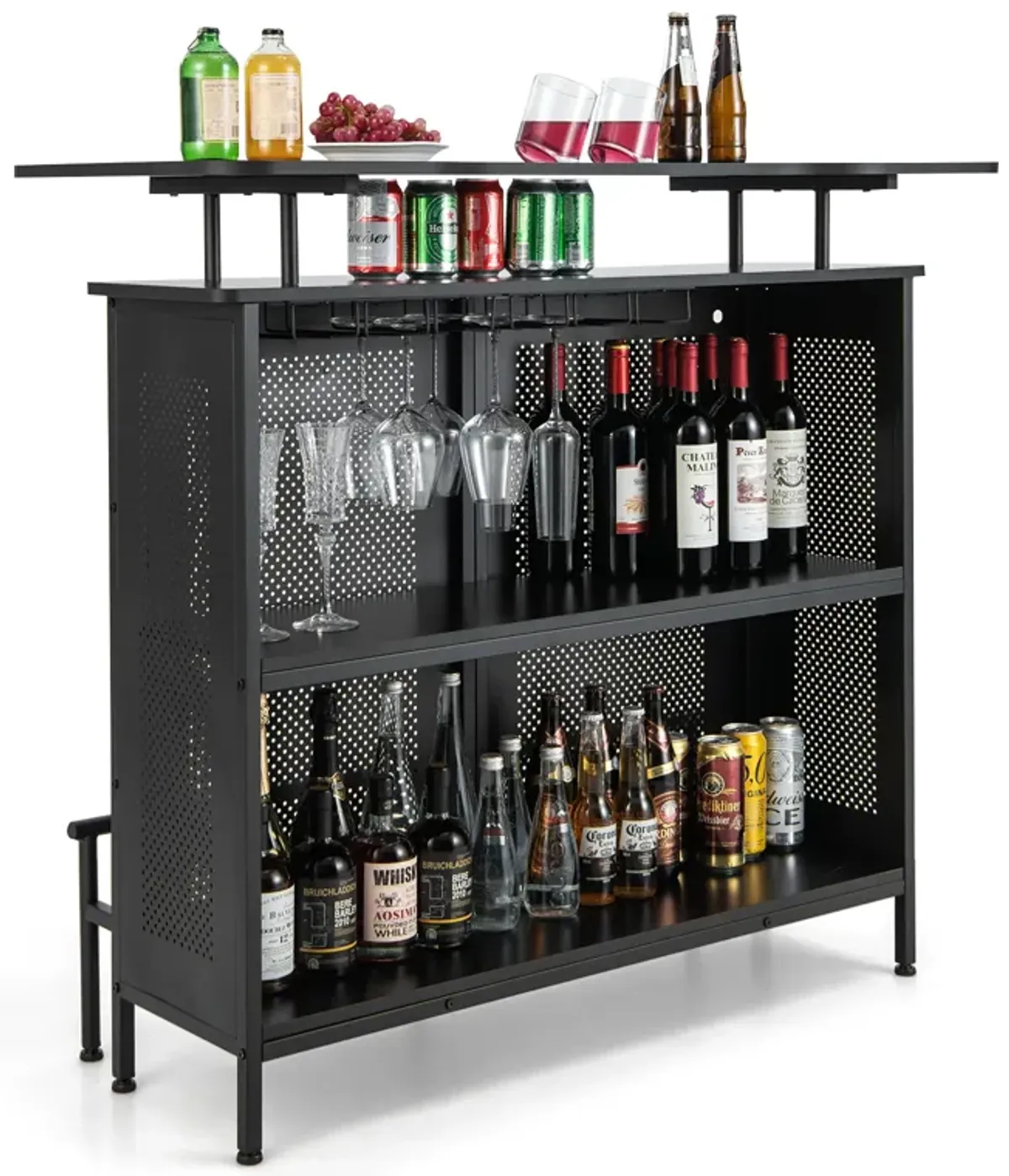 4-Tier Liquor Bar Table with 6 Glass Holders and Metal Footrest-Black