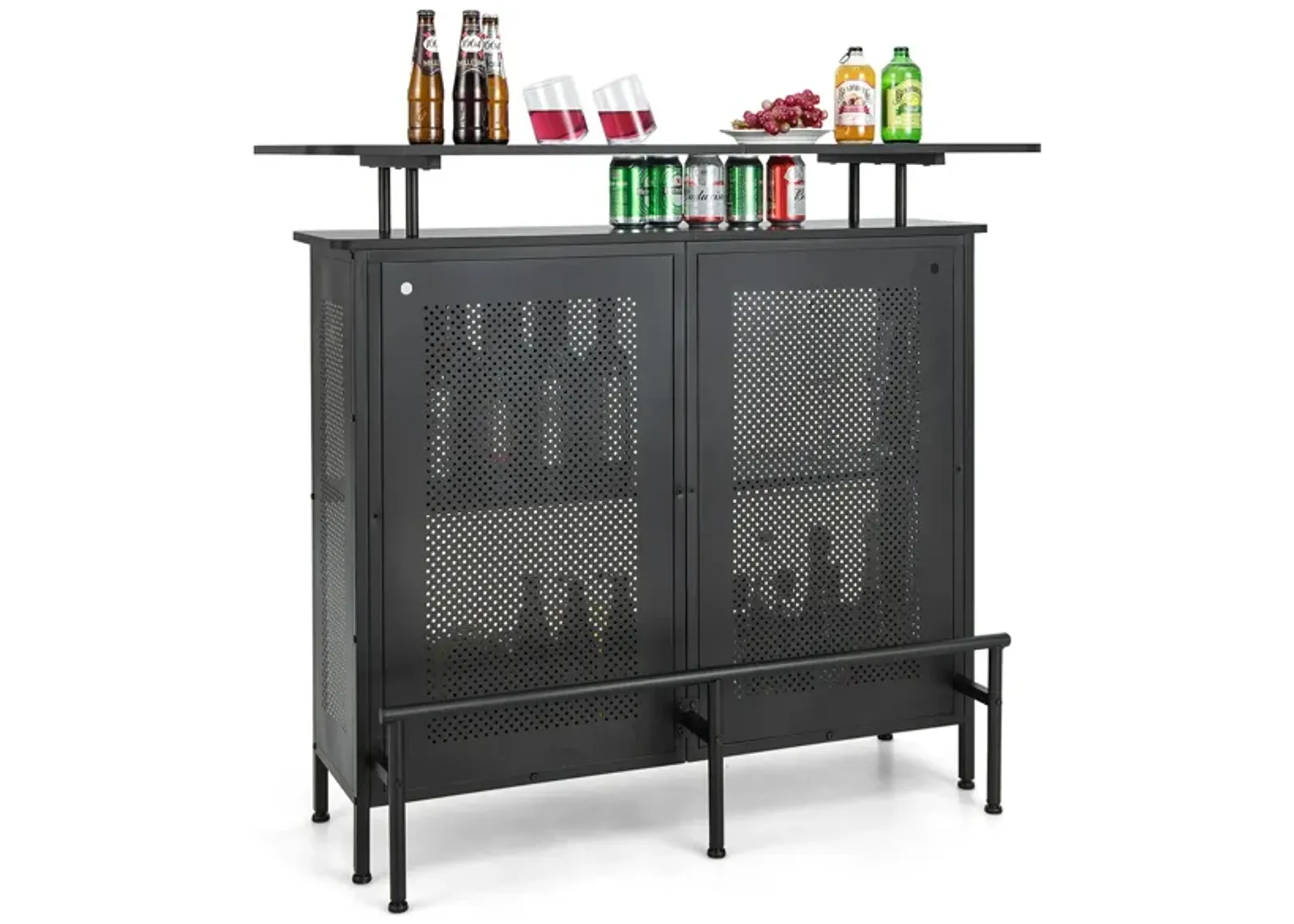 4-Tier Liquor Bar Table with 6 Glass Holders and Metal Footrest-Black