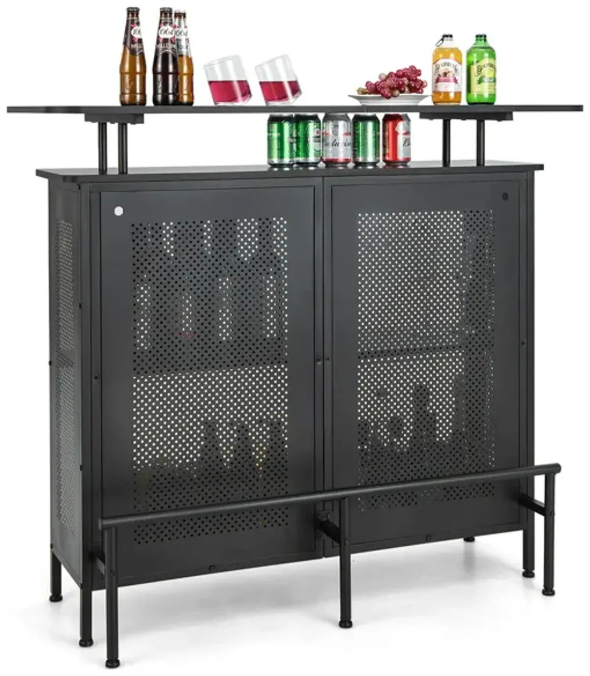 4-Tier Liquor Bar Table with 6 Glass Holders and Metal Footrest-Black