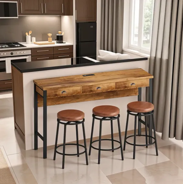 Streamdale 3-Drawer Dining Table Set with Outlets & Bar Stools