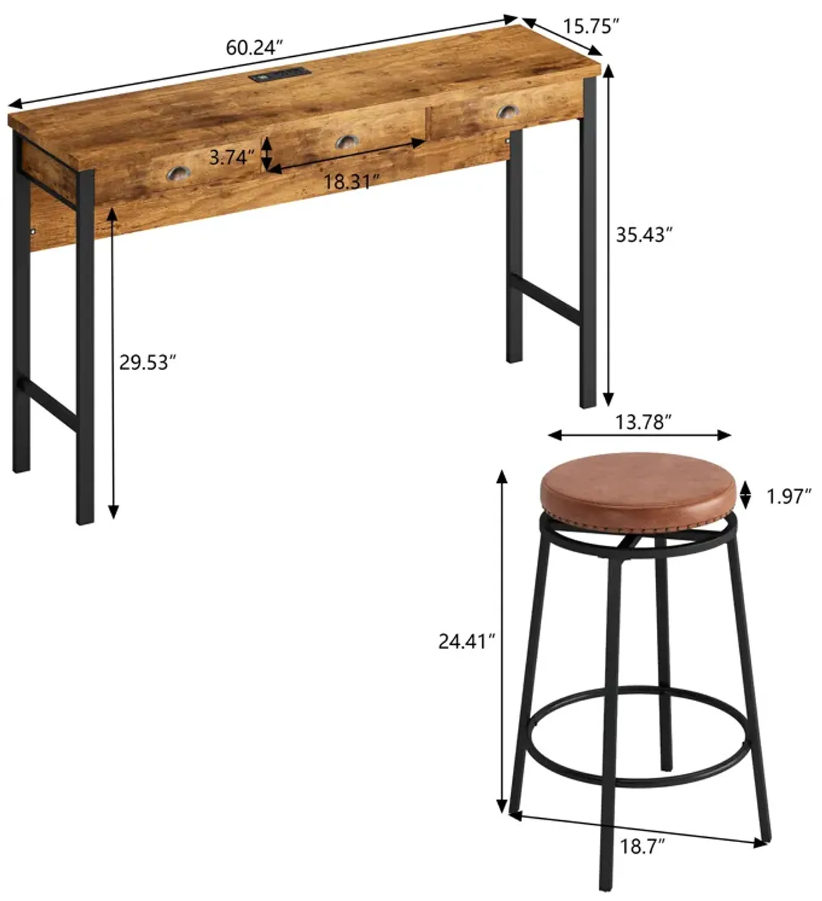 3-Drawer Long Dining Table Set with Power Outlets & Bar Kitchen Table Set with Circular PU Stools, Easy Assemble