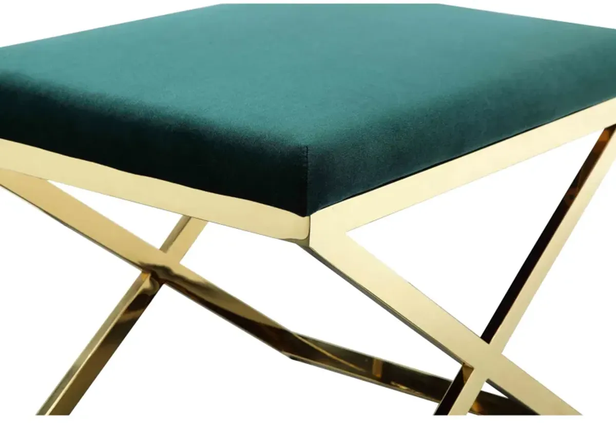 Sovi 24 Inch Accent Stool Ottoman Bench, Plush Green Velvet, Gold X Base - Benzara