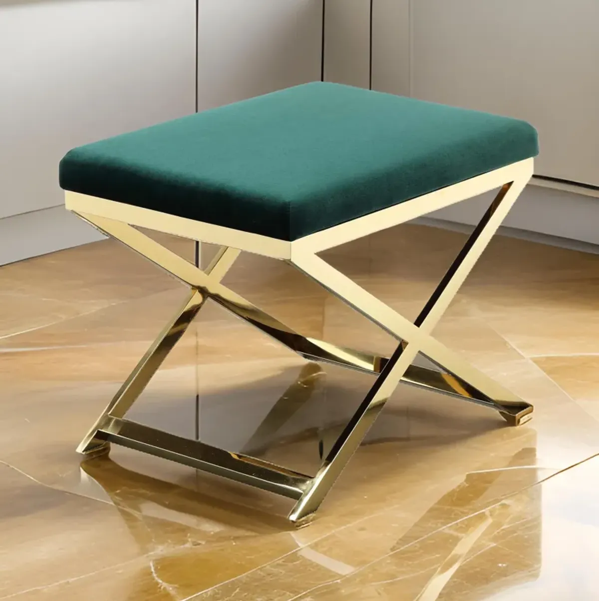 Sovi 24 Inch Accent Stool Ottoman Bench, Plush Green Velvet, Gold X Base - Benzara