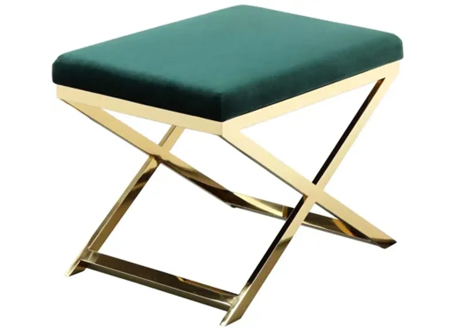 Sovi 24 Inch Accent Stool Ottoman Bench, Plush Green Velvet, Gold X Base - Benzara