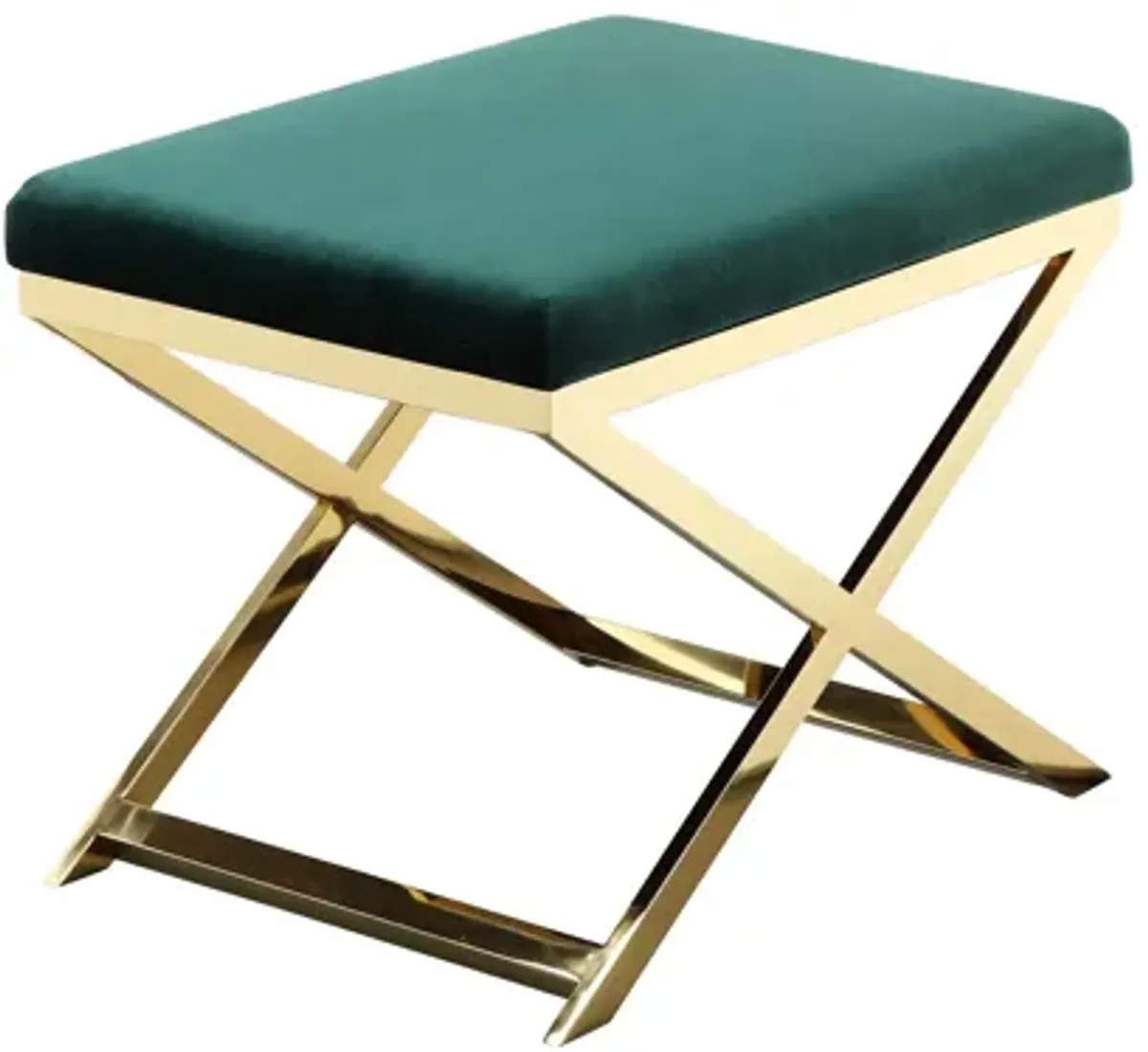 Sovi 24 Inch Accent Stool Ottoman Bench, Plush Green Velvet, Gold X Base - Benzara