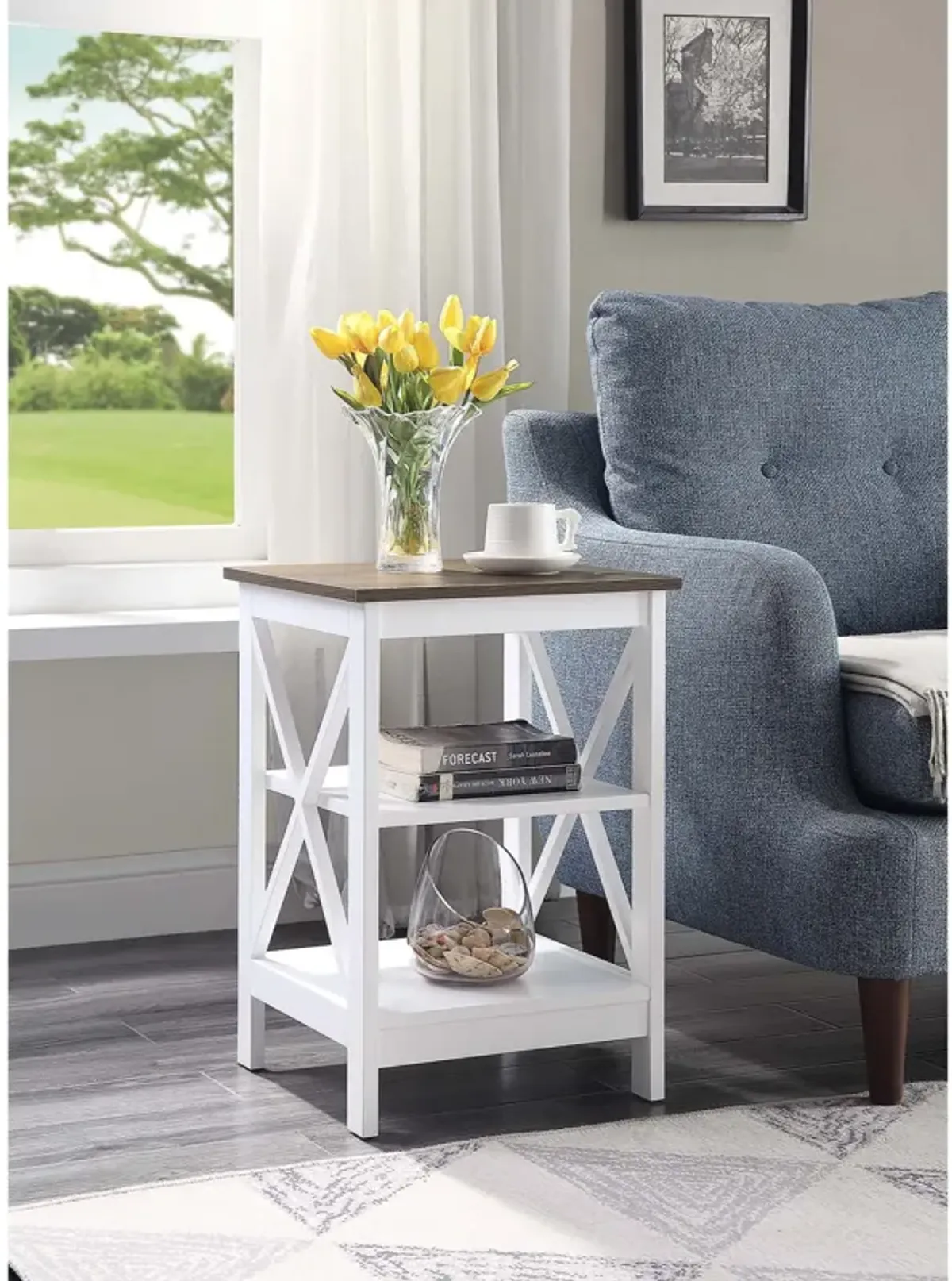 Convenience Concepts Oxford End Table with Shelves, Driftwood/White