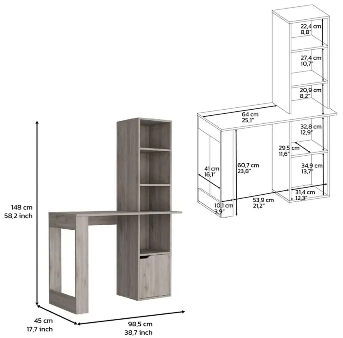 Ripley Writing Desk With Bookcase and Cabinet, Light Gray