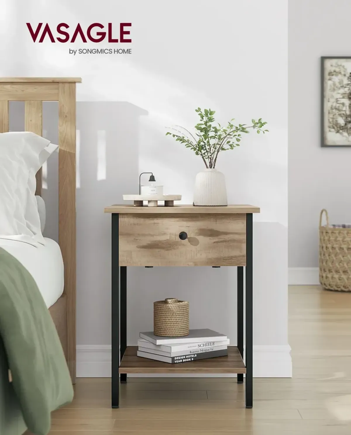 Steel Nightstand with Drawer and Shelf - Industrial-Style End Table for Bedroom