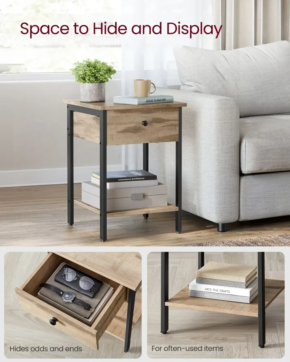 Steel Nightstand with Drawer and Shelf - Industrial-Style End Table for Bedroom