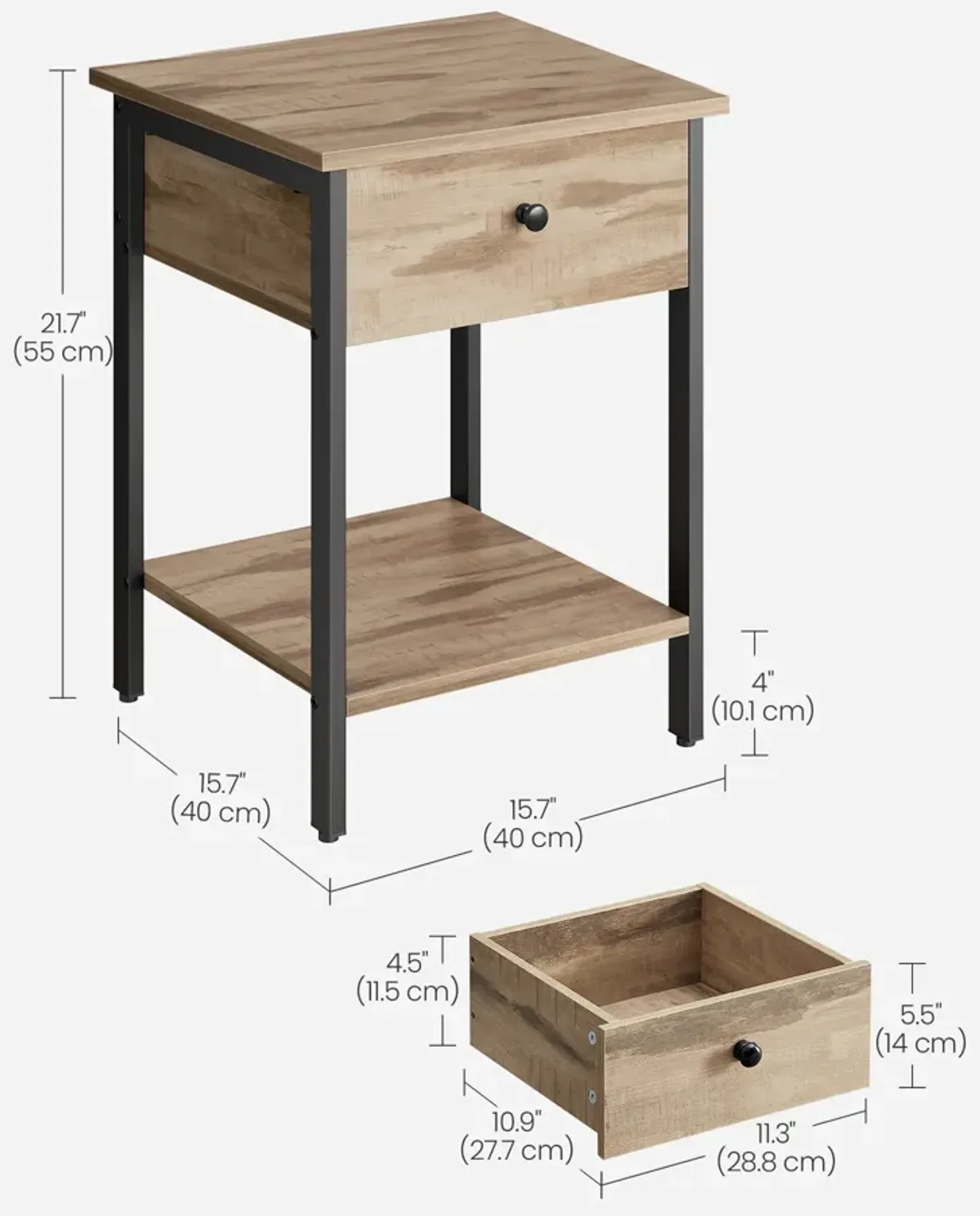 Steel Nightstand with Drawer and Shelf - Industrial-Style End Table for Bedroom