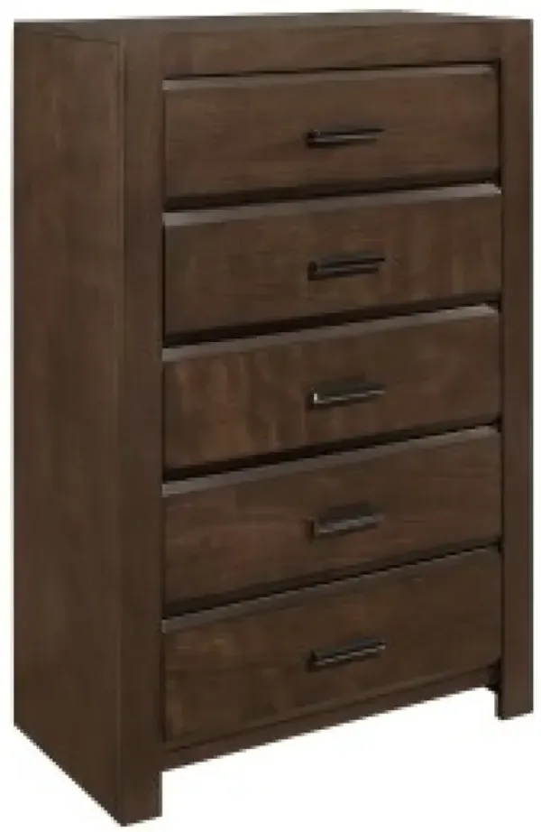 Rawn Tall Dresser Chest, 5 Drawers w Metal Handles, Brown Okume Veneer - Benzara