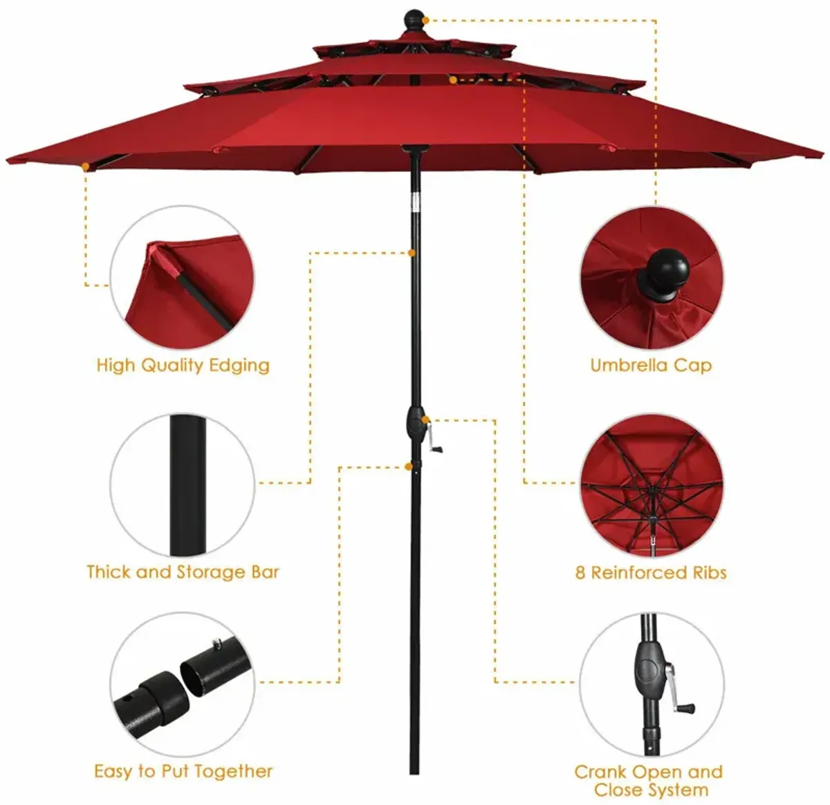 10ft 3 Tier Patio Umbrella Aluminum Sunshade Shelter Double Vented without Base